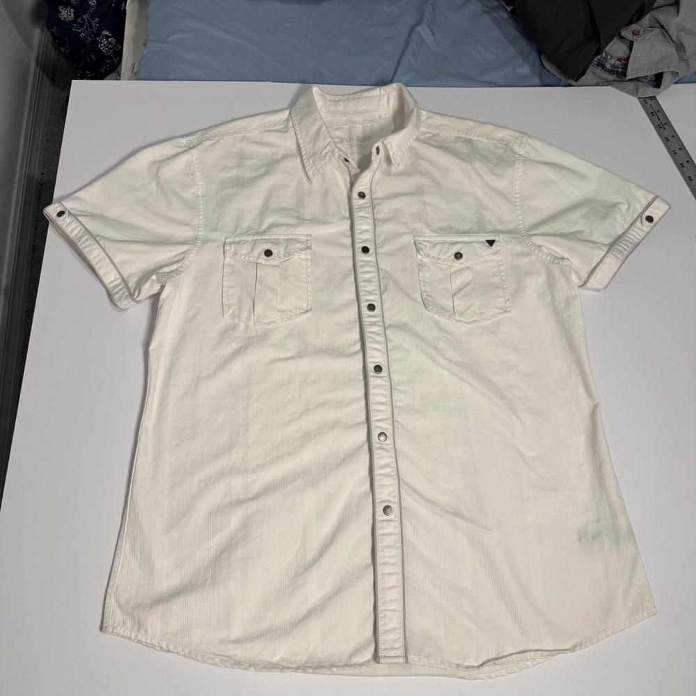 Guess Mens White Short Sleeve Button Up Shirt Tonal Stripe Dual Pocket‎ XXL